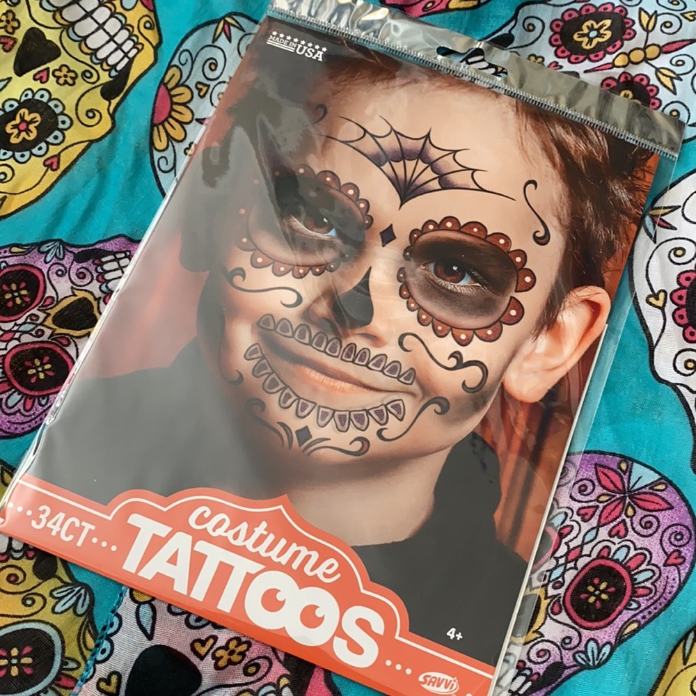 Día de los Muertos {Day of the Dead} Costume Face Tattoos 34 Count Made in USA - Picture 6 of 6